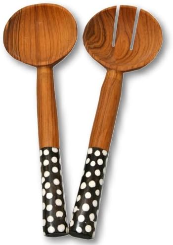 Olive Wood & Batiked Bone Salad Server Set (African Free Trade) Guinea Fowl Dots