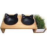 ViviPet Cat Dining Table _15&deg; Tilted Platform Pet Feeder_ Solid Pine Stand with Ceramic Bowls - Mykonos Collection