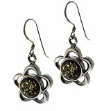 Sterling Silver Genuine Green Amber Flower Earrings