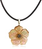 14k Yellow Gold Brown Mother of Pearl and Smoky Quartz Flower Pendant w/ Leather Cord, 17