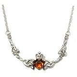 Certified Genuine Honey Amber and Sterling Silver Celtic Claddagh Irish Necklace