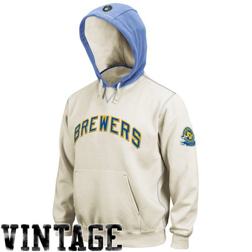 MLB Men's Milwaukee Brewers Golden Child Long Sleeve Hooded Fleece Pull Over (Scoured Natural/Coastal Blue, Large)