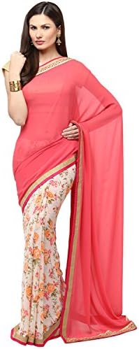 Rose And Off White Half And Half Faux Georgette Saree