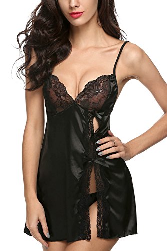 Avidlove Women Side Slit Strap Lingerie Satin Chemise Patchwork Lace Nightgowns