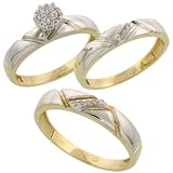 10k Gold 3-Piece Trio His (4.5mm) & Hers (4mm) Diamond Wedding Band Set w/ Rhodium Accent, w/ 0.10 Carat Brilliant Cut Diamonds; (Ladies Size 5 to10; Men's Size 8 to 14)