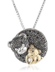 XPY Sterling Silver and 14k Yellow Mom and Baby Teddy Bear Black Diamond Pendant Necklace, 18"