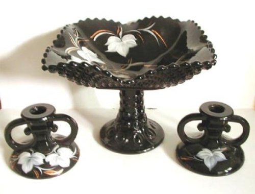 Best Cheap L.E. Smith Black Glass Center Bowl with Candlesticks Handpainted