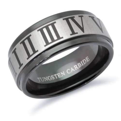 9mm Roman Numeral Black Tungsten Carbide Wedding Band Ring Sizes 7 to 13