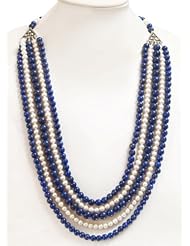 Exclusive Designer 5 Strands Natural Lapislazuli & Fresh Water Pearl Beaded Necklace