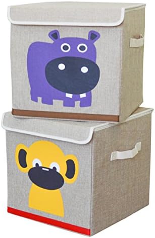 Canvas Collapsible Storage Bins (2-Pack) With Attached Lids - Monkey &amp; Hippo Design by Zoomy Baby - Sturdy Organizers - Fits Many Cube Storage &amp; Shelving Units - Ideal For Nursery