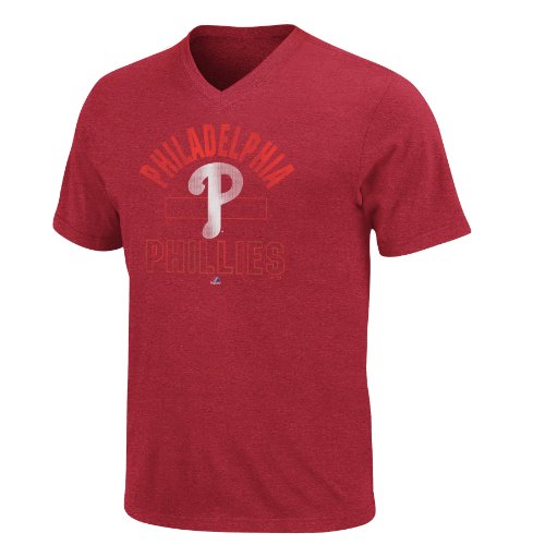 MLB Mens Philadelphia Phillies Game Day Weathered Athletic Red Pepper Heather Short Sleeve V-Neck Tee By Majestic (Athletic Red Pepper Heather, Medium) at Amazon.com