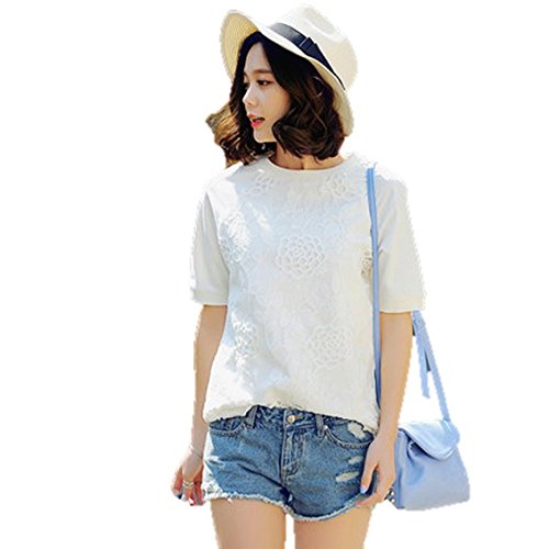 （e-Global） 2015 年 夏 半袖 シフォン レース ステッチ Tシャツ 白 選べる 3 サイズ