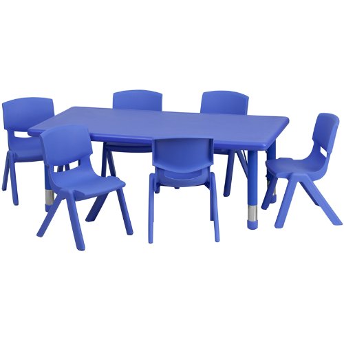 Flash Furniture 24 W x 48 L Adjustable Rectangular Blue Plastic Activity Table Set with 6 School Stack ChairsB008OTNVZK : image