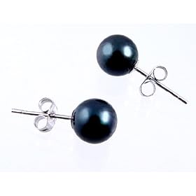 AAA Quality Round 7-7.5mm Akoya SaltWater cultured Black Pearl Earrings with... by 