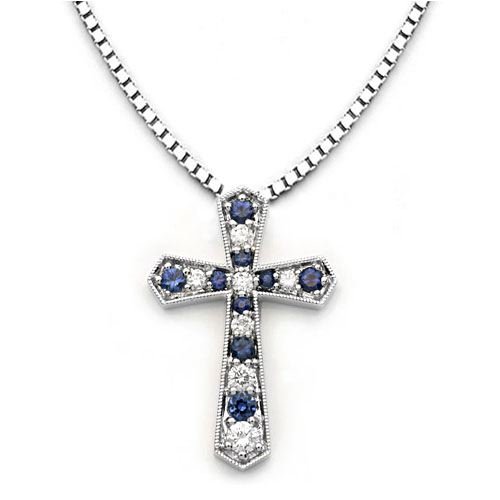 18k White Gold Blue Sapphire and Diamond Cross Pendant with Chain (0.59 cttw, H, SI)