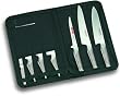 Global 7 Piece Knife Set & Case 7 piece set including cooks knife, carving knife, hollow handle vegetable chopper, hollow handle peeling knife and more.