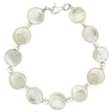 Sterling Silver .925 Iridescent White Genuine Freshwater Cultured Round Coin Pearl Bead Bracelet