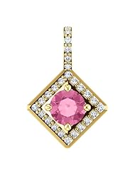 14K Yellow Gold 5.00mm Round Cut Pink Sapphire and Diamond Pendant