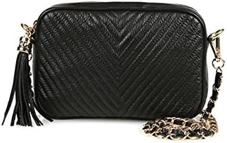 dearWYW Women Genuine Cow Leather Mini Oblique Quilted Square Cross-body Shoulder Bag (Black)