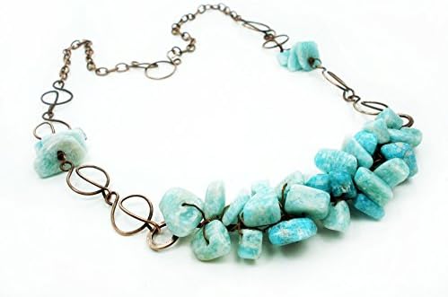 Light blue bib necklace made of copper wire and natural stone Angelite