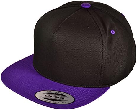 Wholesale 5 Panel Cotton Flexfit Yupoong Flat Bill Blank Snapback Hats w/ Green Underbill (Black/Purple) - 21974