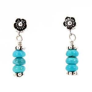 Dainty Sleeping Beauty Natural Turquoise Gemstone Bead Dangle Earrings with Detailed Flower Posts, #7491