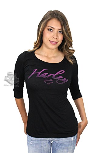 Harley-Davidson Womens Blinding Light B&S Tulip Back Black 3/4-Sleeve T-Shirt - MD