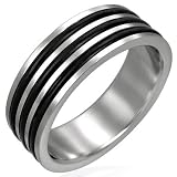 New Gents Stainless Steel Band Ring with Black Rubber Inlay Design, 8mm Wide.