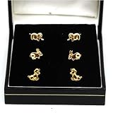 Ensemble de Trois Paires de Boucles D'oreilles en Or Jaune 375/1000 (6mm) en Elephant, Lapin et Petit Chiot dans une Boite