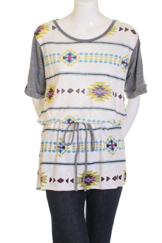 Freeloader Three Quarter Sleeves Waist Drawstring Tie Asymmetric Aztec Print Dress Purple Medium