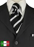 Woven Silk Mens Necktie + Pocket Square Hand Made in Italy By Valenti Ties and Hanky Set Black White Stripe