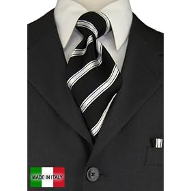 Woven Silk Mens Necktie + Pocket Square Hand Made in Italy By Valenti Ties and Hanky Set Black White Stripe