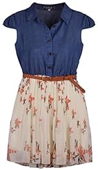 Belted Lace General Print Puff Sleeves Chiffon/Denim Mini Dress 