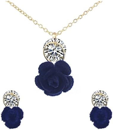 3 x 3 Color Velvet Chic Rose CZ Pendant Fashion Pretty Nacklace Earrings Jewelry Set Colors:Blue