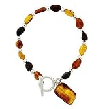 Sterling Silver .925 Genuine Honey Brown Amber Stone Chip Bead Toggle Bracelet