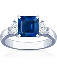 14K White Gold Emerald Cut Blue Sapphire Three Stone Ring