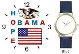 Obama - Hope - US Flag and Bald Eagle Seal - President Barack Obama Commemorative - WATCHBUDDY&reg; DELUXE TWO-TONE THEME WATCH - Arabic Numbers - Blue Leather Strap-Size-Large ( Men's Size or Jumbo Women's Size )