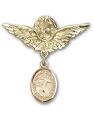 14K Gold Baby Badge with St. Bernard of Clairvaux Charm and Angel with Wings Badge Pin