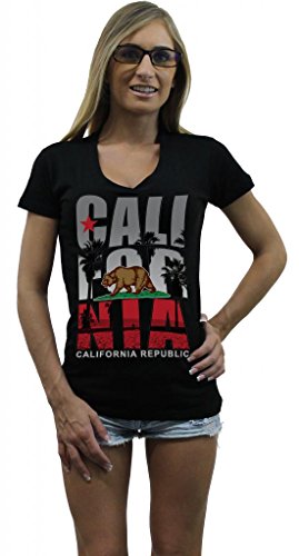 Shop4Ever® California Republic Beach Palm Tree Women V Neck T shirt California Clothing SLIM FIT
