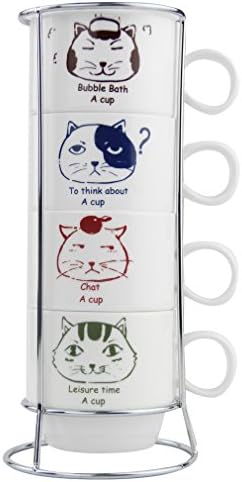 Stacking Mugs Fine Porcelain Coffee Mugs Set Includes 4 Cups with Rack,5 Oz Cups (Cat)