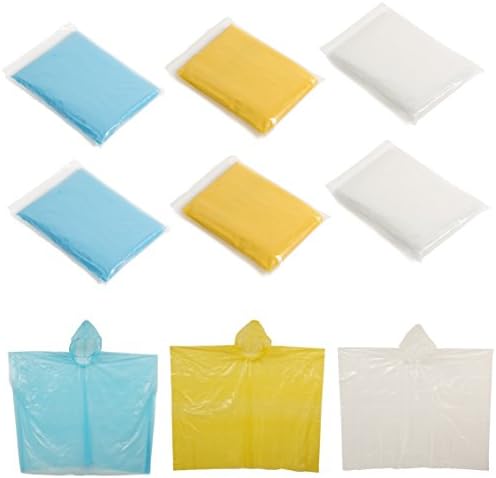 Disposable Rain Ponchos With Hood and Drawstring | 6 pack | Multiple Colors | Great for theme parks, sporting events, camping, concerts or emergencies | Easy to store