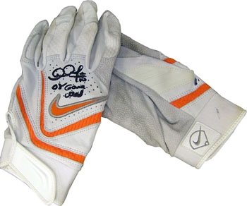 Adam Jones Autographed/Hand Signed Baltimore Orioles 2008 Game Used Grey / Orange Batting Gloves
