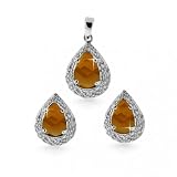 Bling Jewelry Sterling Silver Smokey Topaz CZ Pave Bridal Teardrop Earrings & Pendant Set