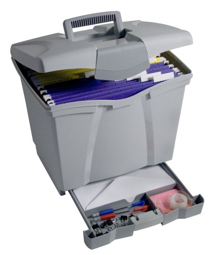 Storex Portable File Box with Bottom Drawer, Grey (61503U01C)