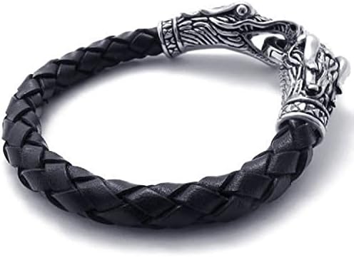 Mygoodie Jewelry Mens Leather Bracelet, Stainless Steel Dragon Head Clasp, Black Silver, 8.5 Inch
