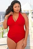Beach Belle® Plus Size Solid Red Halter Maillot - Plus Size Swimsuit Plus Size Swimsuits - RED - Size:24W