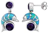 Synthetic Opal and Amethyst Dolphin Earrings in Sterling Silver, 1 (25mm) Long