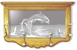 Wall Mounted Etched Mirror Coat Rack - Dolphin Art Etching - Solid Oak, Hand-Rubbed Finish, 30 x 18 inches