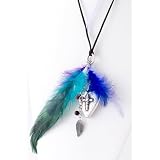 Long Fashion Necklace with Dangle Feathers, Cross, Heart, and Mother of Pearl on Vegan Suede - Matching Feather Earrings Included