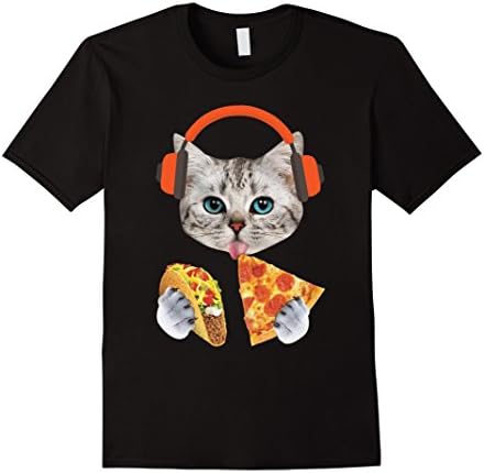 Men's DJ Taco Cat Eating Pizza Headphones Music Party Funny Shirt 2XL Black